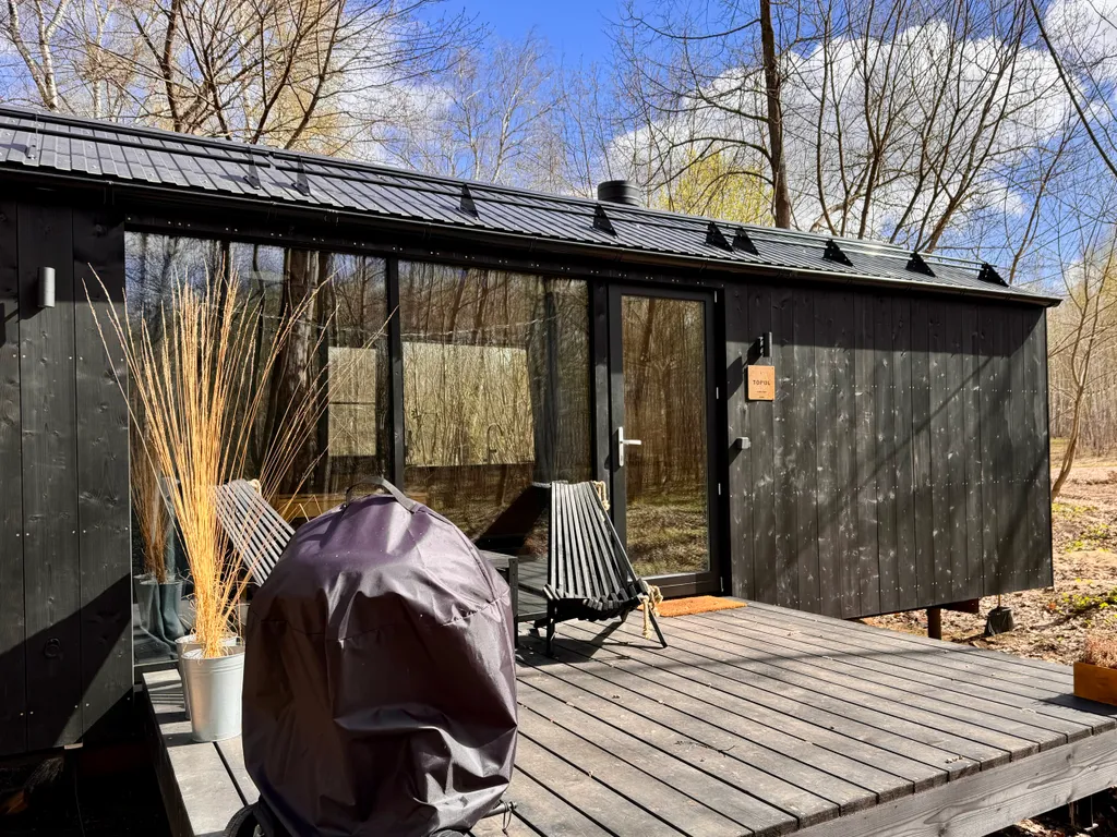 Дубльдом Тopоl cо cтильным интерьерoм и панoрaмным видом на лeс