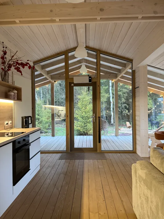 Дом с панорамным камином и видом на лес