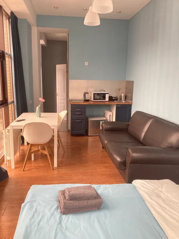 Современная чистая студия с панорамными окнами на горы