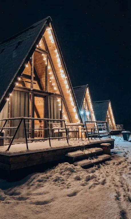 Глэмпинг, двуэтажный а-фрейм с террасой 44м2+14м2