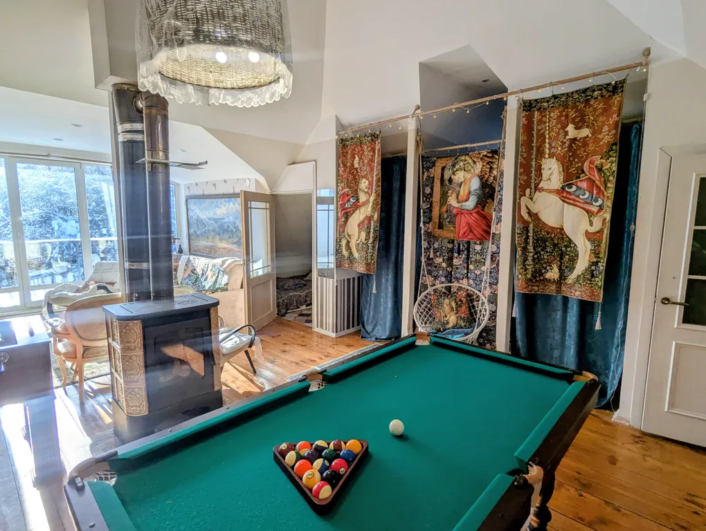 Большой красивый дом с камином в лесу