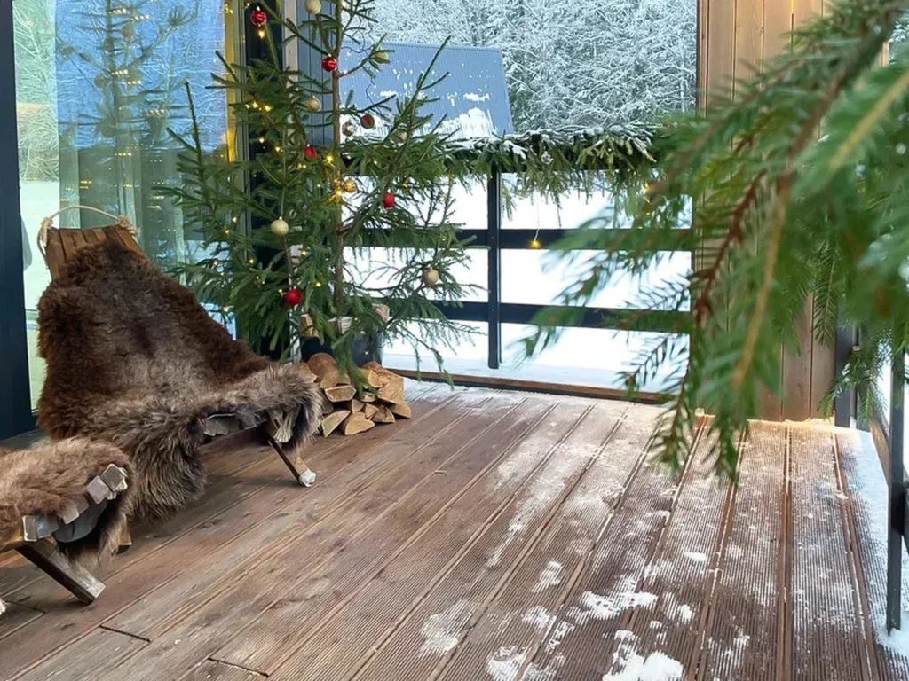 Барн с панорамными окнами с видом на дикий лес