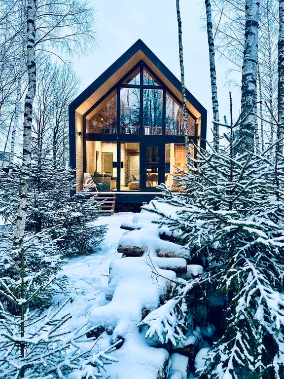 Новый панорамный барнхаус с сауной на лесном участке