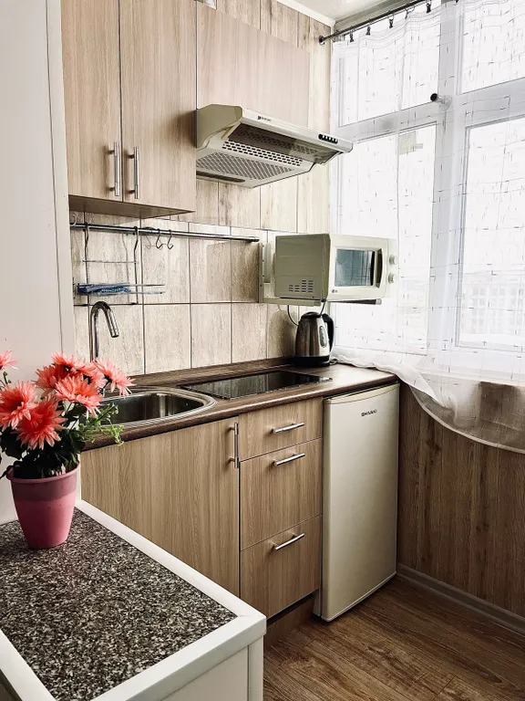 Уютная студия с односпальной кроватью, кухней и видом на город