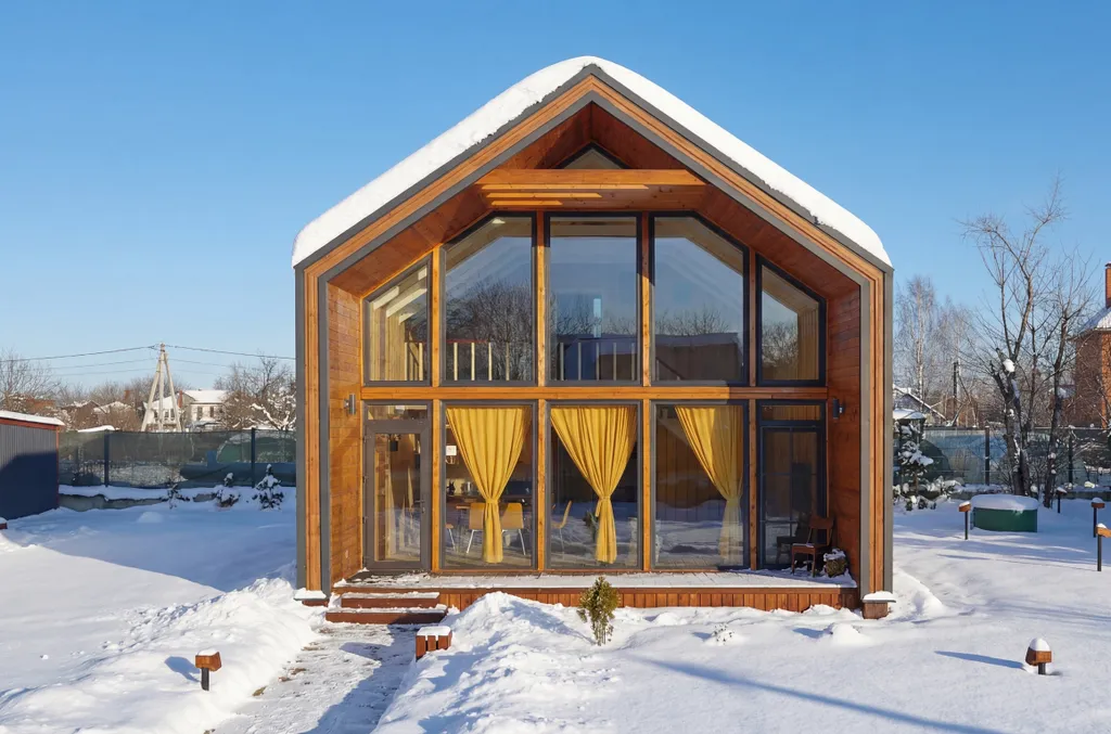 Современный двухэтажный дом из натурального дерева, с большими окнами