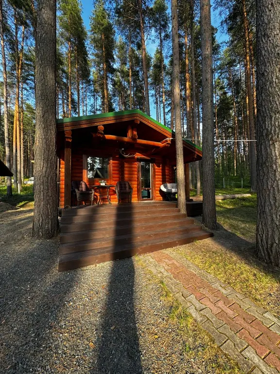 Дом с верандой из бревна у озера