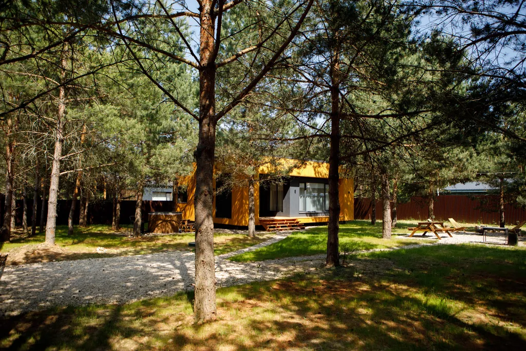 Дом с сауной и горячим чаном на участке с соснами