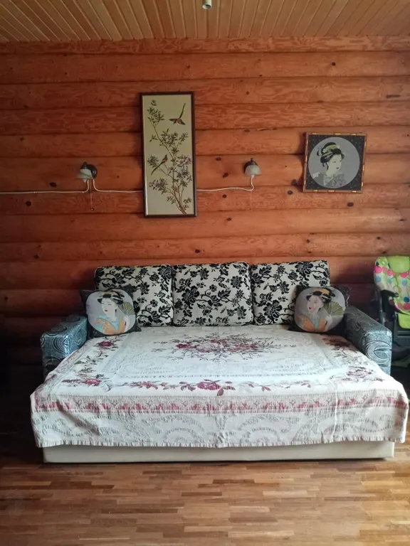 Деревянный домик с соломенной крышей и русская баня