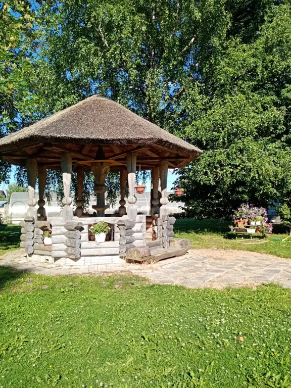 Деревянный домик с соломенной крышей и русская баня