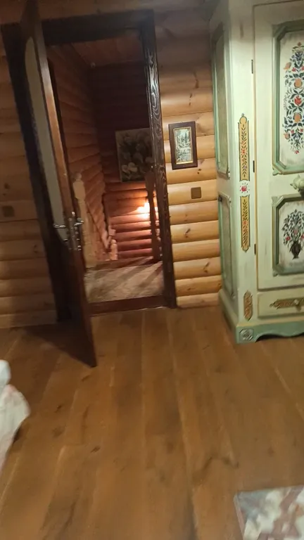 Изба (дом) из экологически чистого бревна под камышовой крышей в лесу