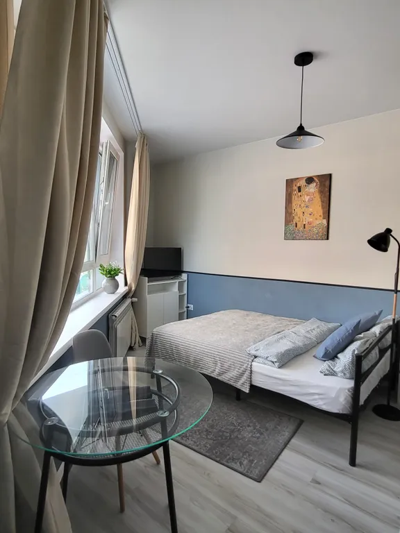 Blue studio - студия с окном в ванной комнате и видом на лес