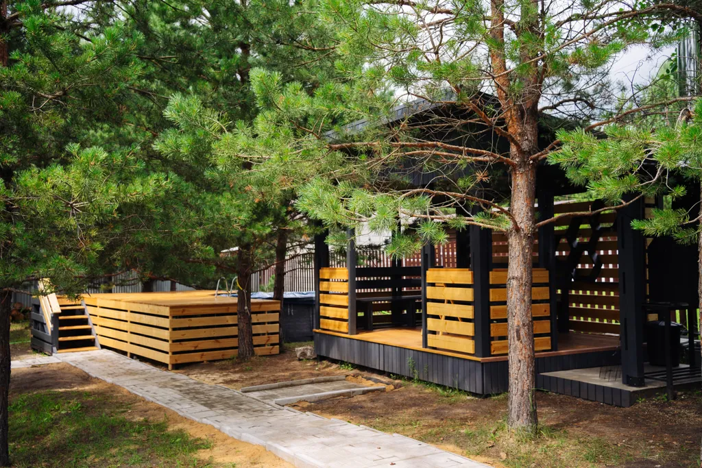 Домик в сосновом бору с баней, бассейном (летом) и беседкой