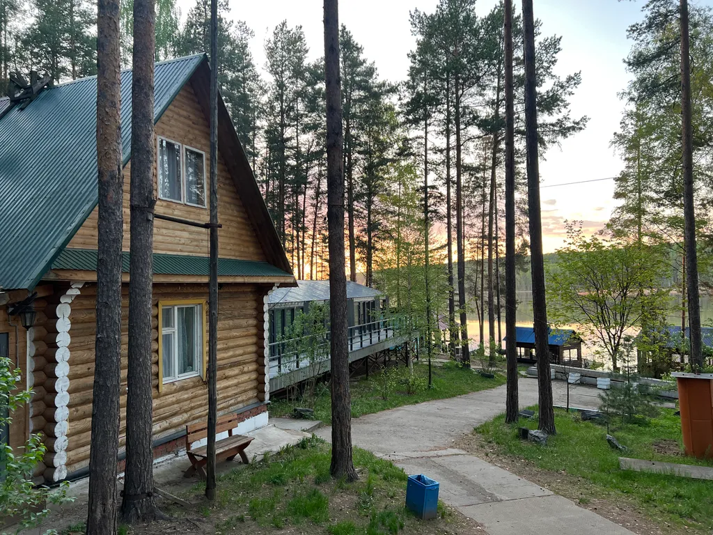 Деревянный дом в лесу у реки