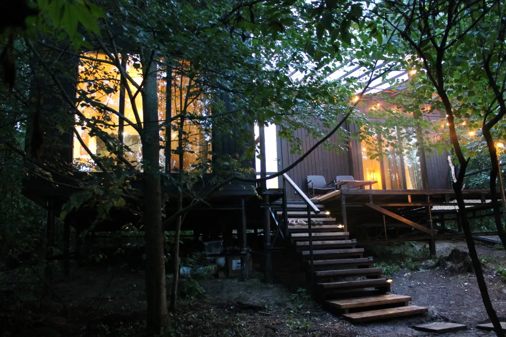 Дом с ванной у панорамных окон и высокой террасой в лесу