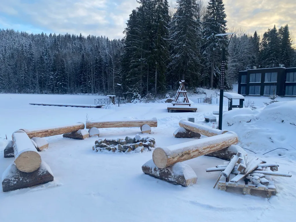 Номер с видом на тихое лесное озеро, лес и гору