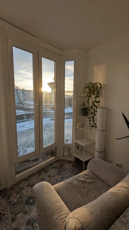 Студия с камином, деревом и видом на реку