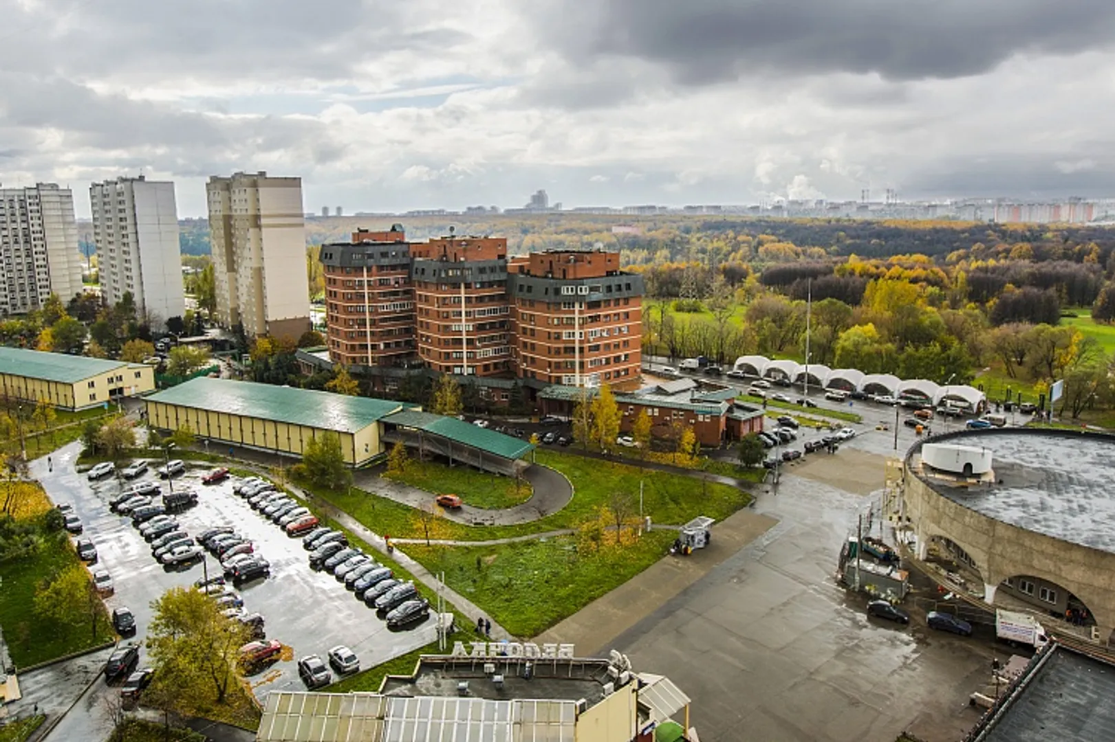 Вид из лоджии на Царицинский парк, м. Орехово (круглое здание).