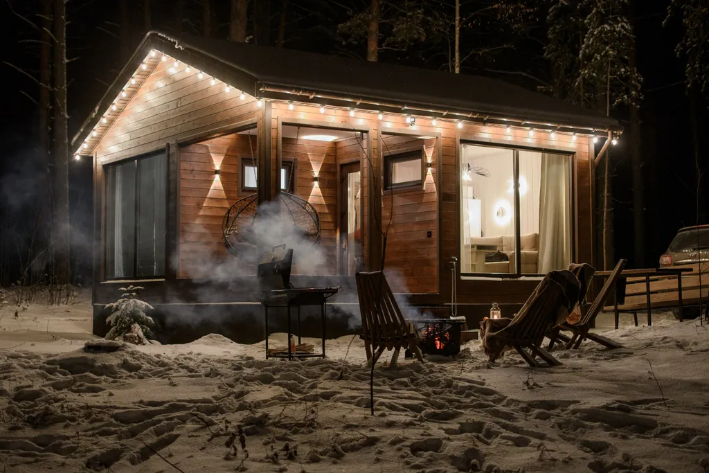 Панорамный домик в сосновом лесу на берегу Горьковского моря