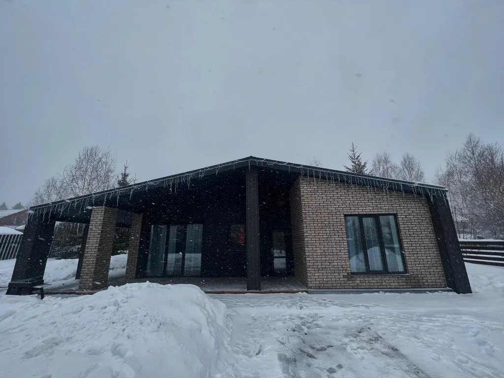 Новый дом в окружении елок с панорамными окнами и баней