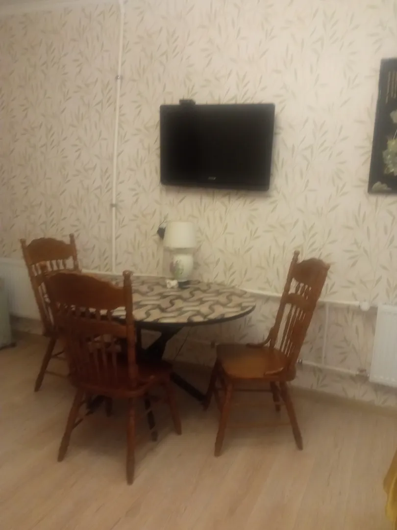 Стол, стулья, телевизор в большой комнате