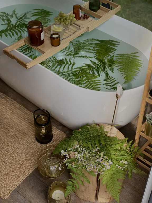 Скандинавский дом с ванной внутри и видом на лес