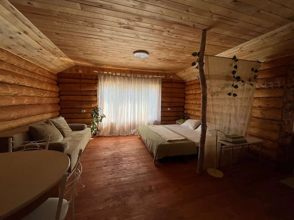 Деревянный дом для со всеми удобствами бассейн у крыльца, зелёный лес