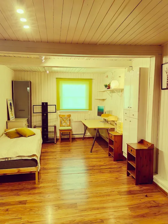 Дом с финской сауной внутри дома с большой беседкой и барбекю