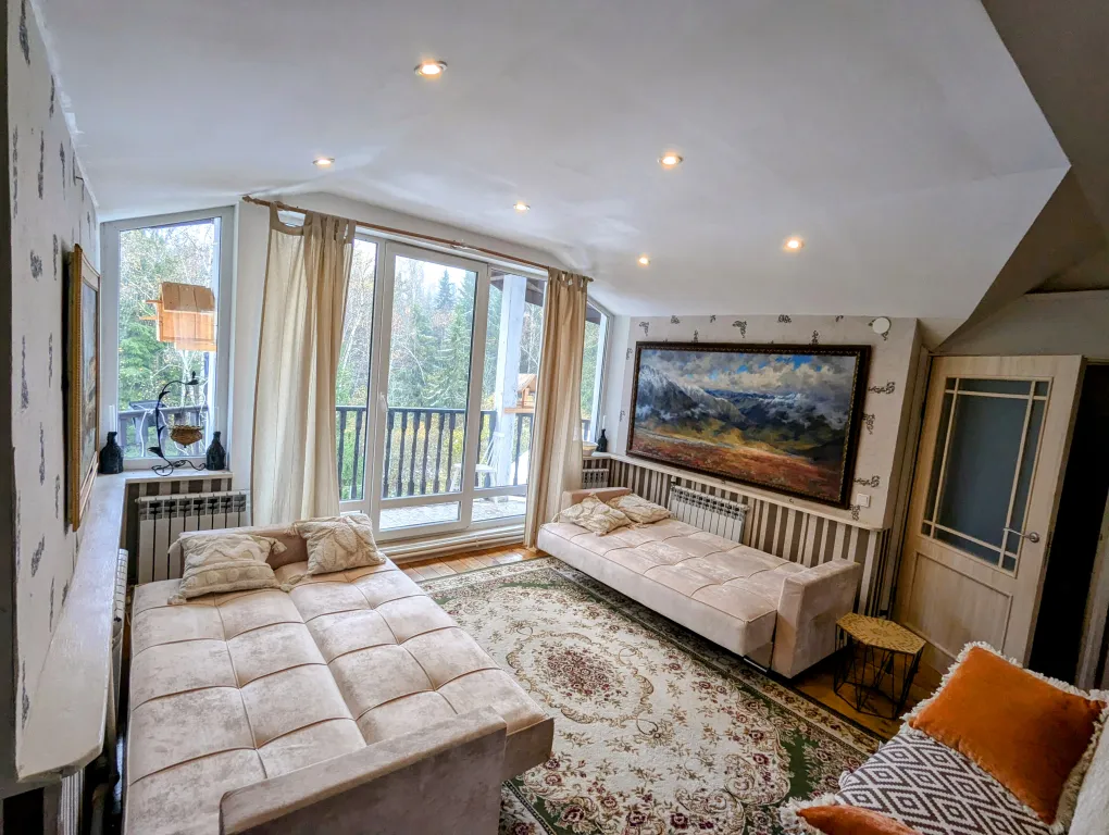 Большой красивый дом с камином в лесу