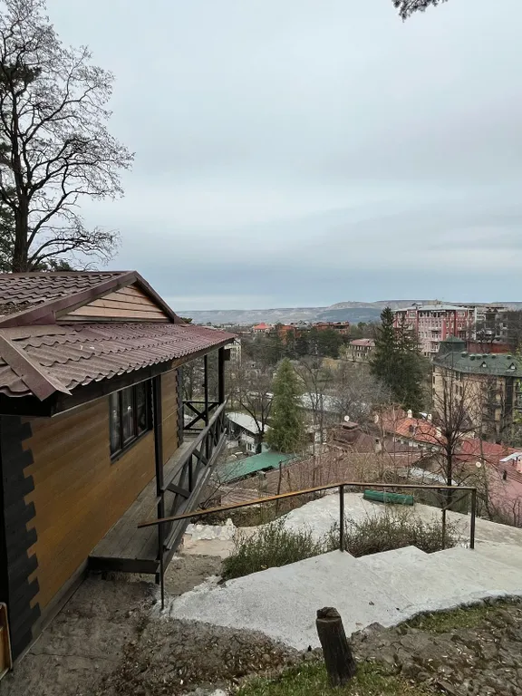 Деревянный дом в лесу с видом на город