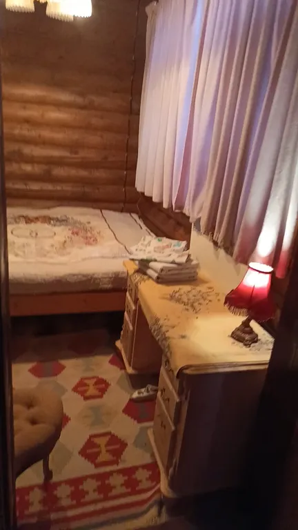 Изба (дом) из экологически чистого бревна под камышовой крышей в лесу