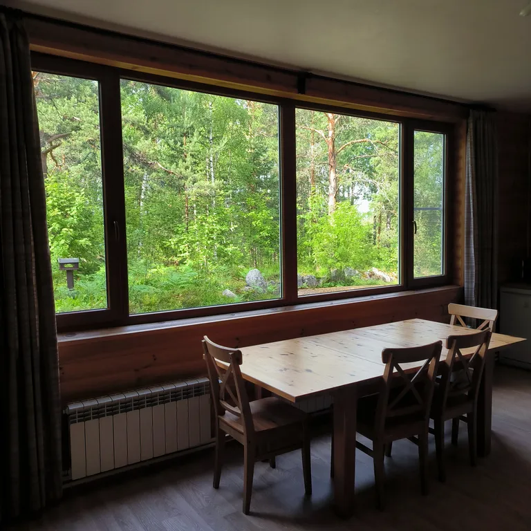 Дом на берегу озера с панорамным видом на лес