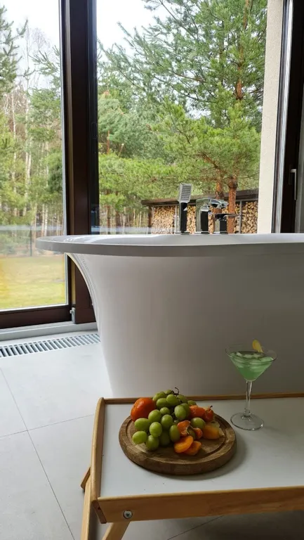 Дом и баня между озером и лесом