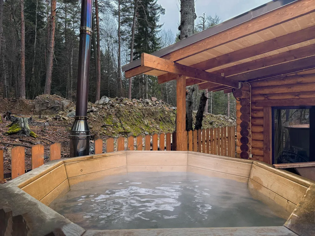 Дом сруб с чаном в лесу