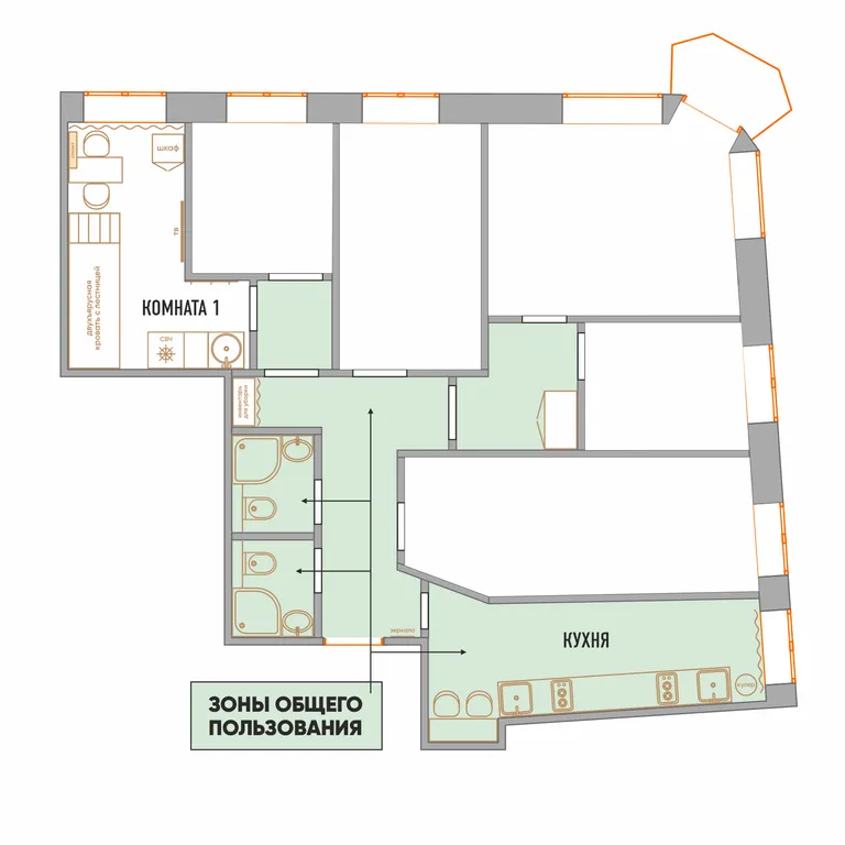 Двухместный номер №1 с 2мя кроватями и общей ванной комнатой