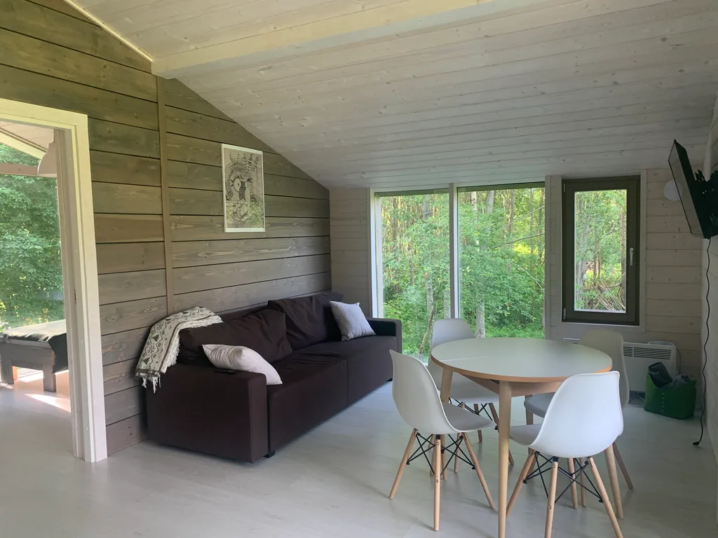 Дом с панорамными окнами в окружении леса