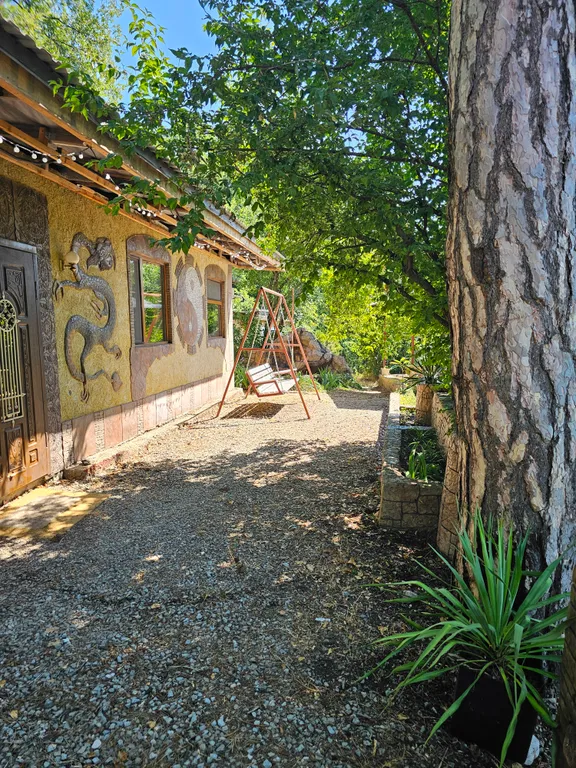 Дом в лесу с каминным деревом внутри