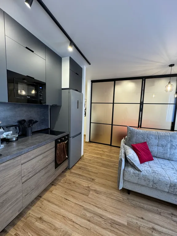 Квартира в стиле лофт с отдельной спальной зоной и гардеробной