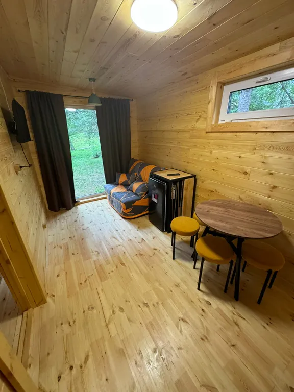 Домик с панорамными окнами в лесу