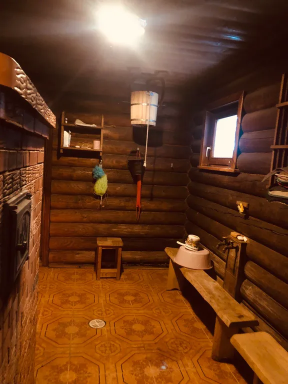 Изба (дом) из экологически чистого бревна под камышовой крышей в лесу