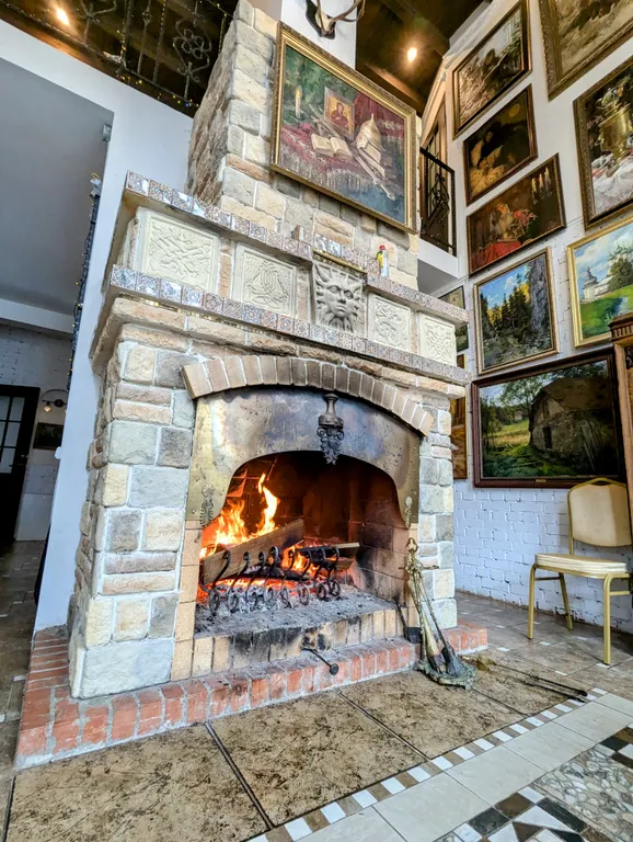 Большой красивый дом с камином в лесу