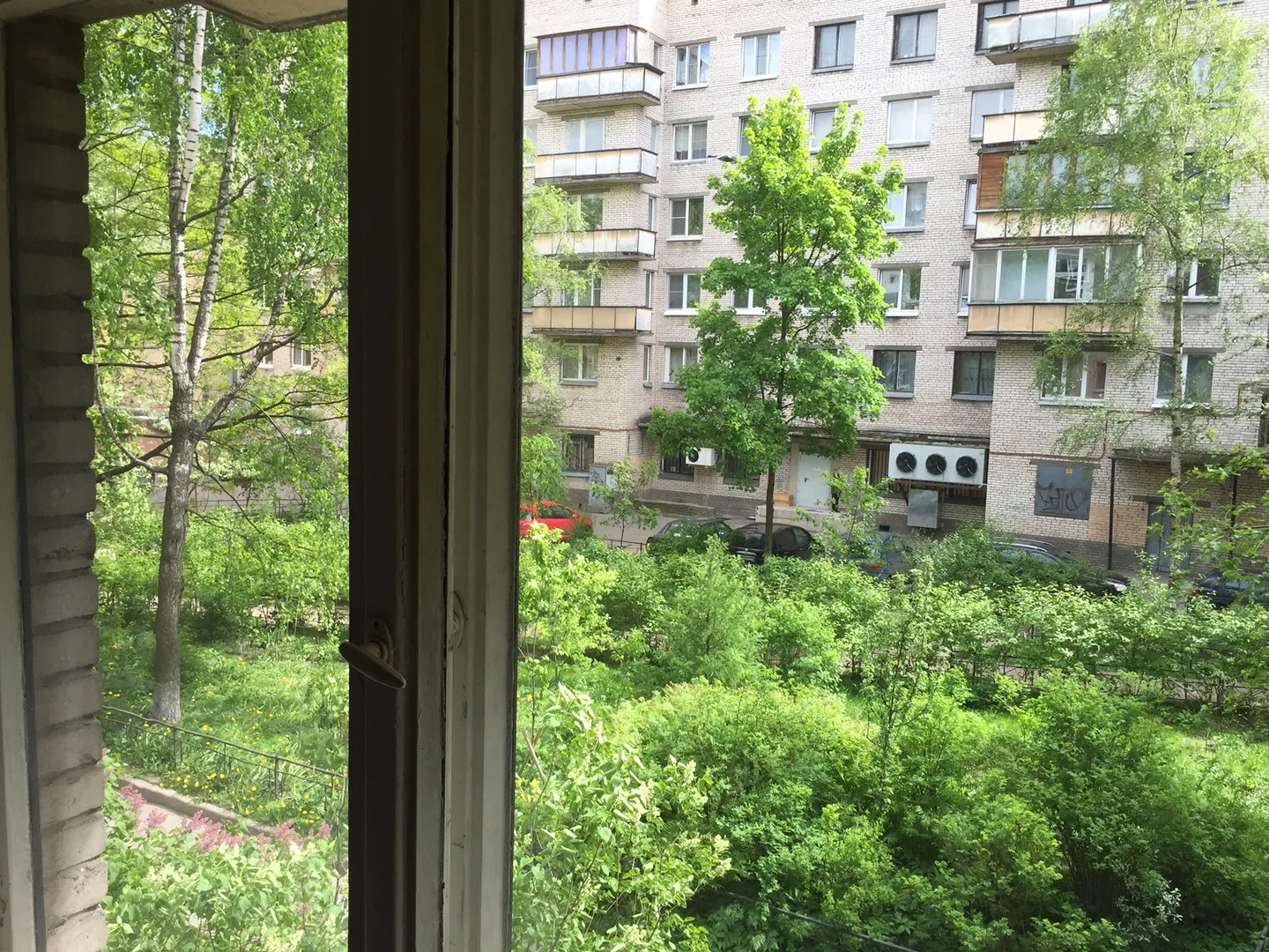Вид из кухни. Фото устаревшее. Сейчас окна новые