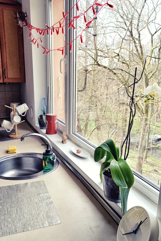 Комната в необычной квартире с видом на ручей и деревья (см. описание)