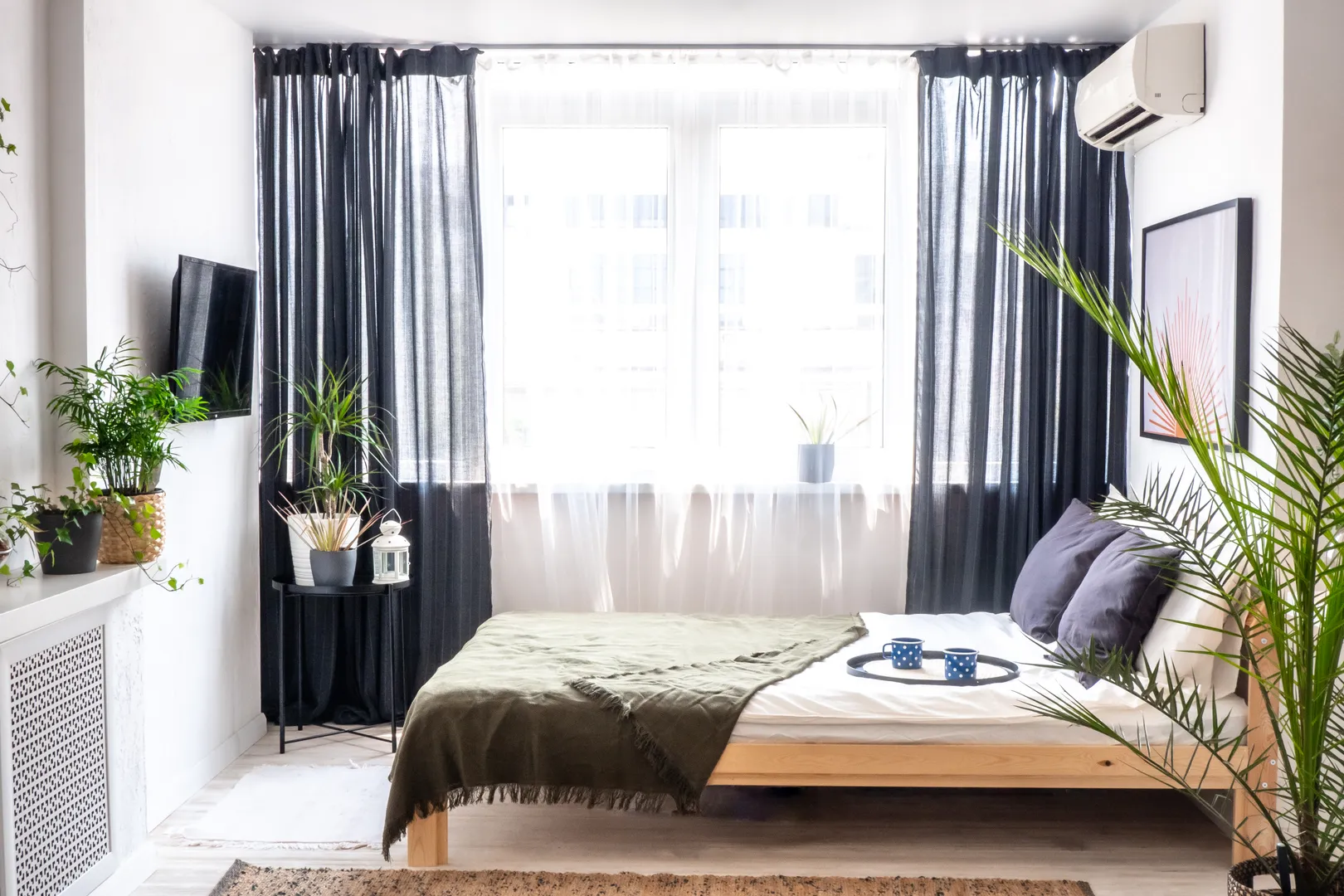 В спальной зоне стоит двуспальная кровать из дерева, телевизор со стриминговыми сервисами, затемненные шторы и натуральная пальма.