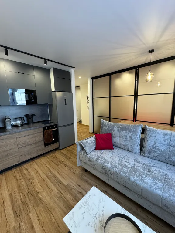 Квартира в стиле лофт с отдельной спальной зоной и гардеробной