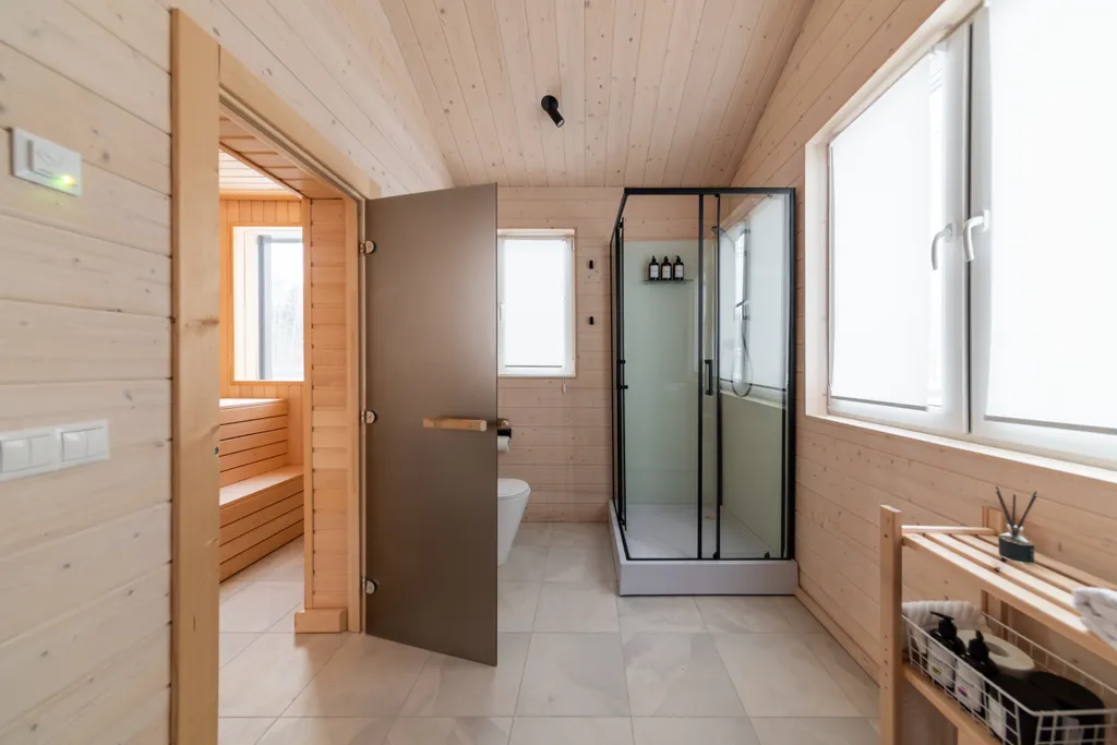 Стильный барнхаус с сауной, камином и панорамой