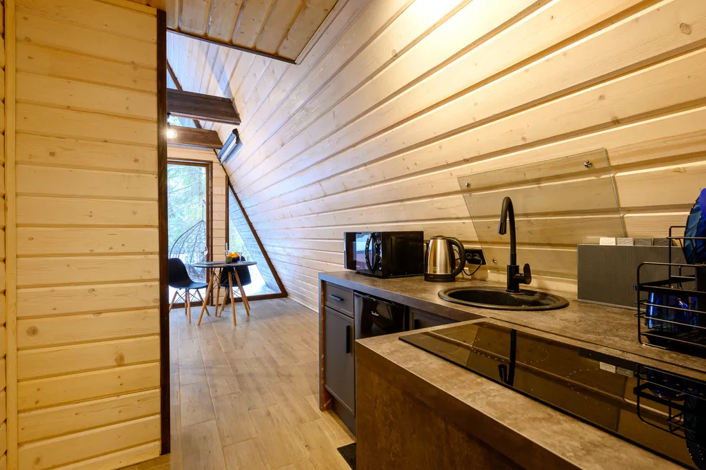 Стильный дом-шалаш с горячей купелью среди вековых сосен