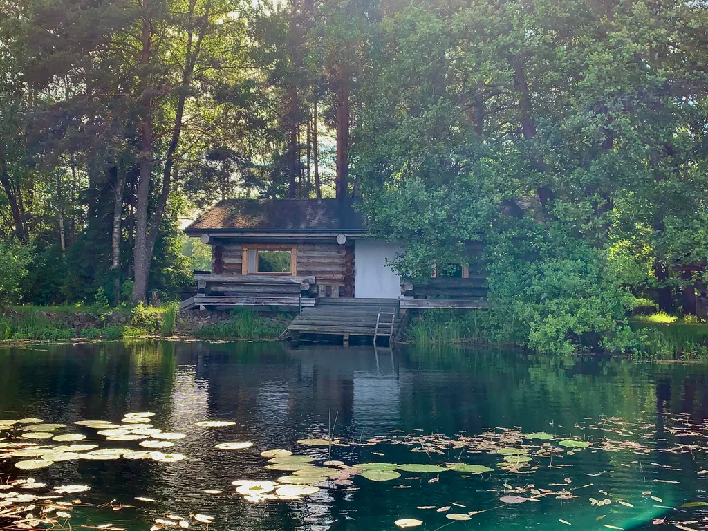 Чудесное место у озера с камином и русской баней
