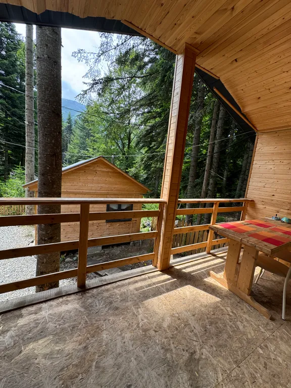 Двухкомнатный домик с видом на горы в лесу