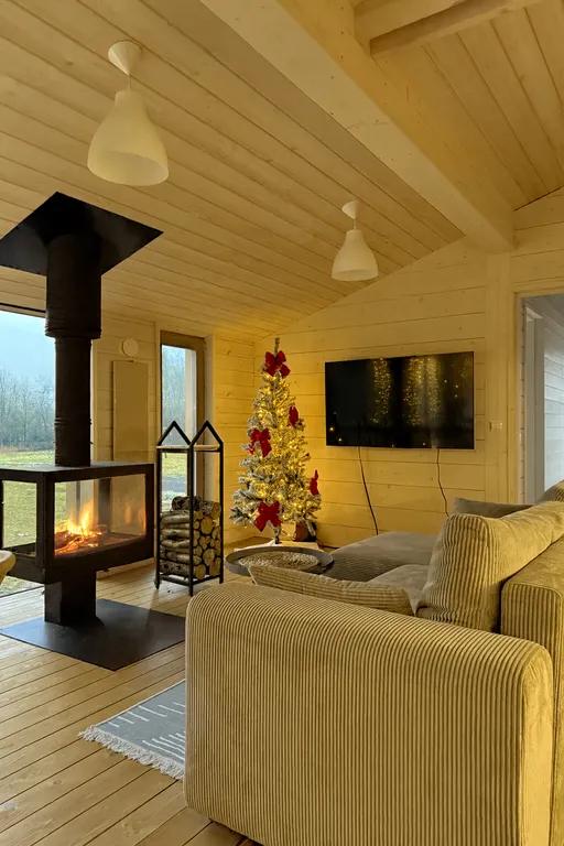 Дом с панорамным камином и видом на лес