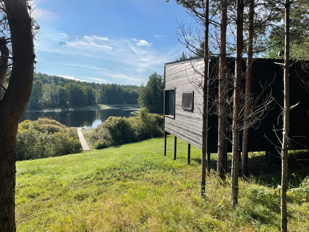 Домик в диком лесу на берегу реки